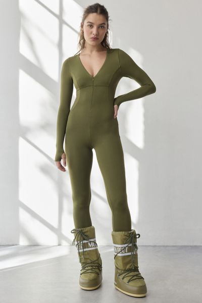 Out From Under Fuseform Snow Bunny Zip-front Long Sleeve Jumpsuit In Olive, Women's At Urban Outfitters In Green