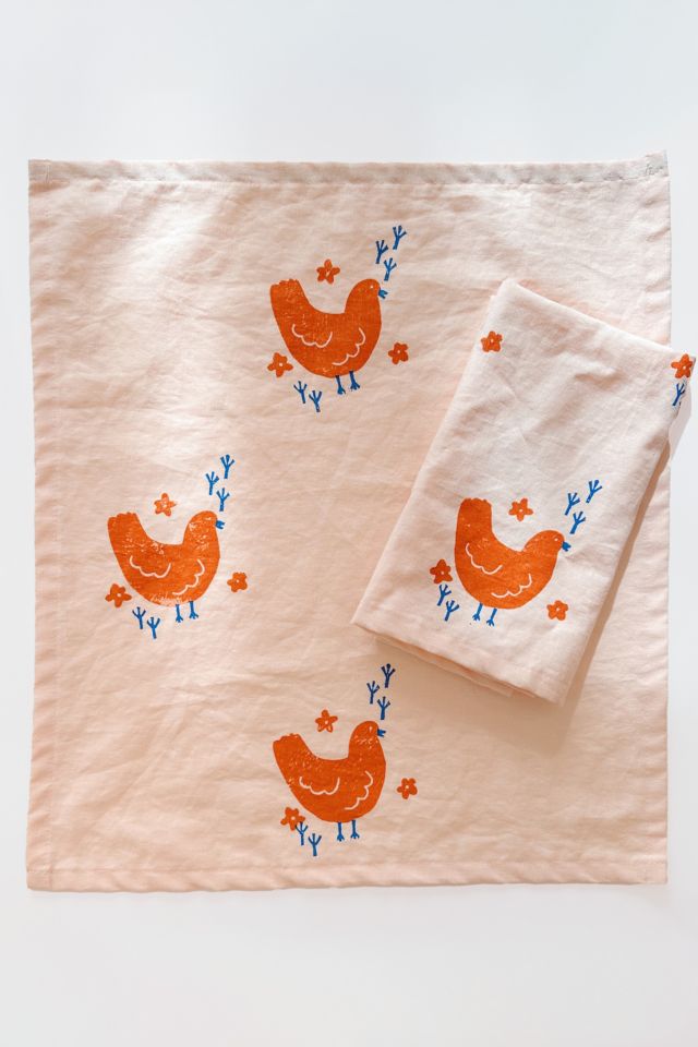 Julie Peach Block Printed Chickens Napkins #1