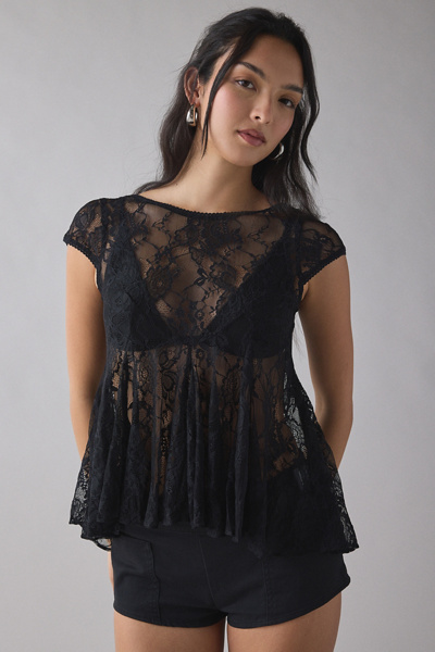 Kimchi Blue Eclipse Sheer Lace Short Sleeve Babydoll Top In Black, Women's At Urban Outfitters In Black