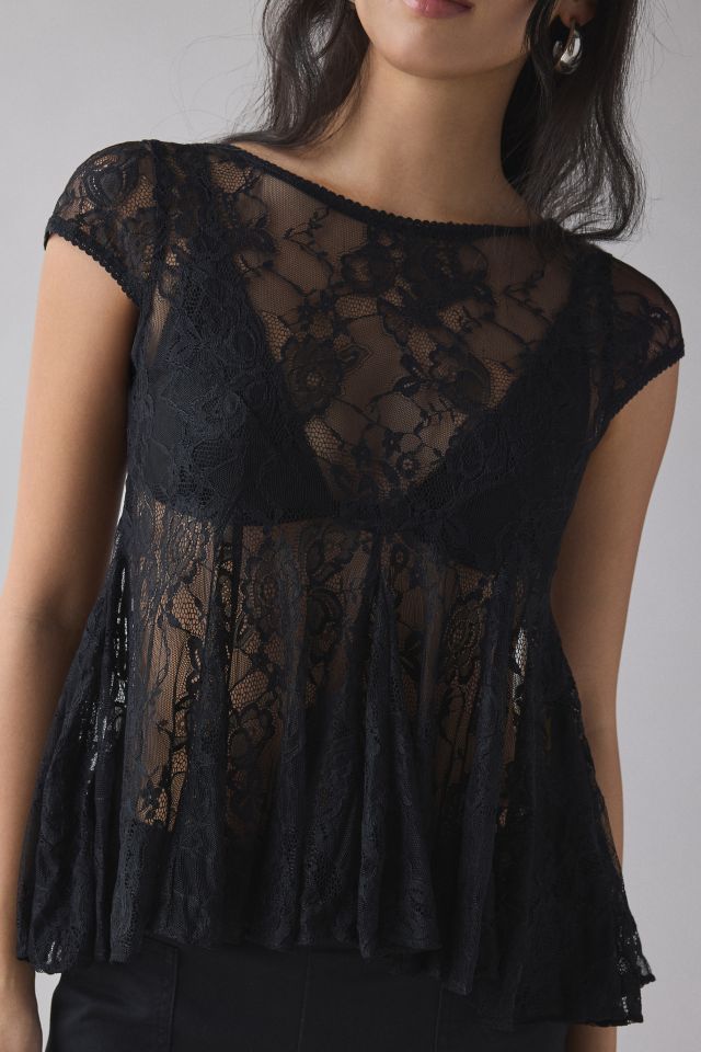 Kimchi Blue Eclipse Sheer Lace Short Sleeve Babydoll Top #1