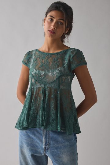 Kimchi Blue Eclipse Sheer Lace Short Sleeve Babydoll Top