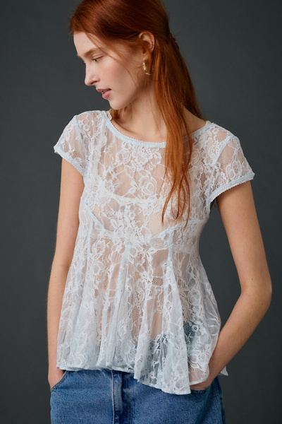 Kimchi Blue Eclipse Sheer Lace Short Sleeve Babydoll Top In Light Blue, Women's At Urban Outfitters In Blue