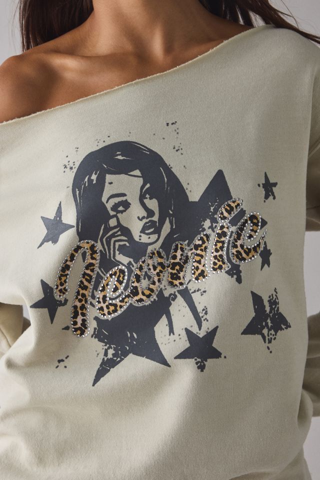 Iconic Rhinestone Graphic Off-The-Shoulder Pullover #1