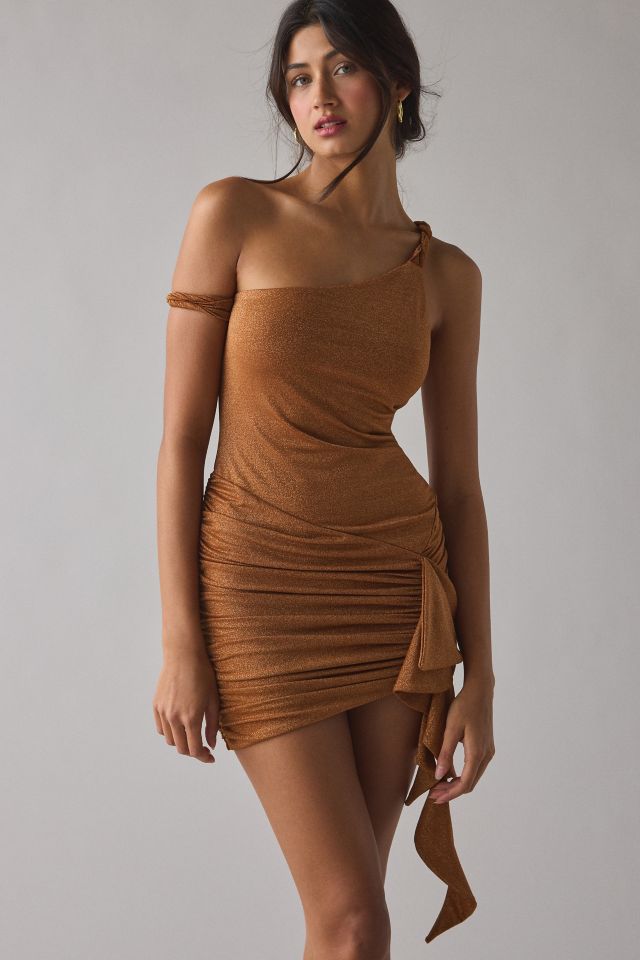 AFRM Shelby Bronze Sparkle Jersey Knit Asymmetric Ruched Bodycon Mini Dress #1
