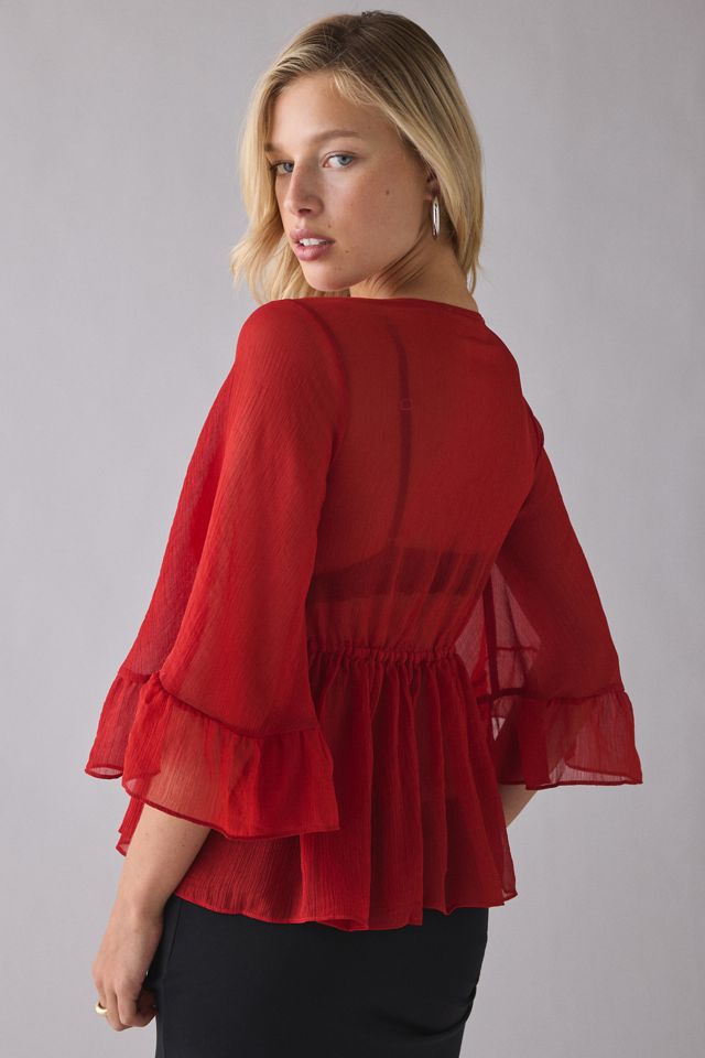 UO Scarlett Sheer Chiffon Bell Sleeve Ruffle Bed Jacket | Urban Outfitters