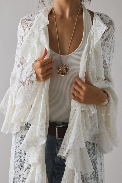 UO Selena Sheer Lace Cascading Ruffle Fluted Sleeve Maxi Top