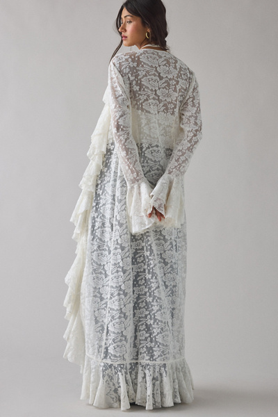 UO Selena Sheer Lace Cascading Ruffle Fluted Sleeve Maxi Top