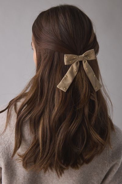 Urban Outfitters Studded Faux Suede Hair Bow Clip Set In Taupe, Women's At  In Brown