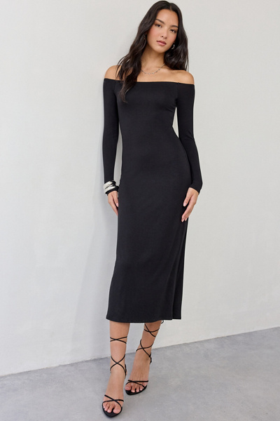fitted lace wedding dress Elegant Black Off Shoulder Midi Dress with Long Sleeves for Women main image 0