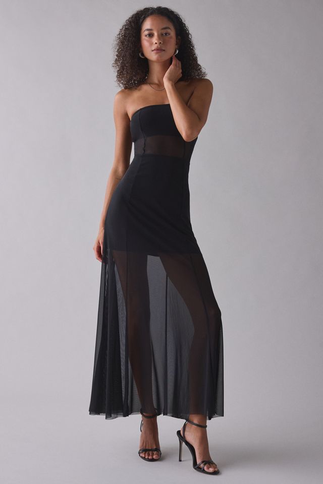 sheer mesh dress Tie Shoulder Floral Embroidered In BLACK Patchwork sheer mesh and lace fabric Vestido Maxi de Malla Annie