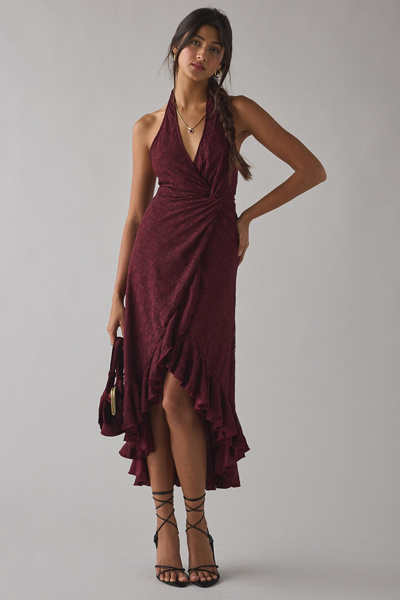 Urban Outfitters UO Get It Twisted Knot-Front Halter Neck Lace Midi Dress in Maroon, Women’s at Urban Outfitters