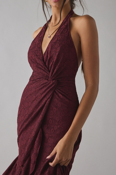 UO Get It Twisted Knot-Front Halter Neck Lace Midi Dress