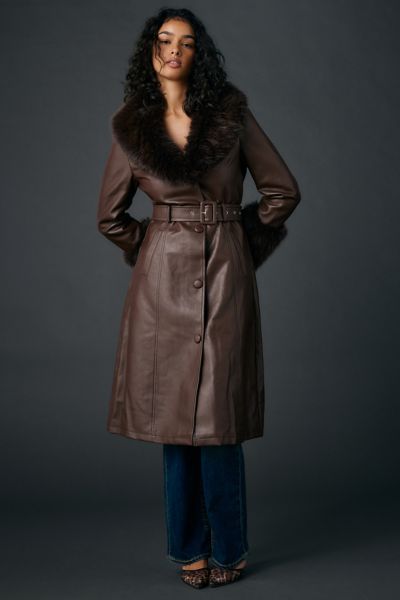 Azalea Wang Kaya Faux Fur Trim Faux Leather Trench Coat