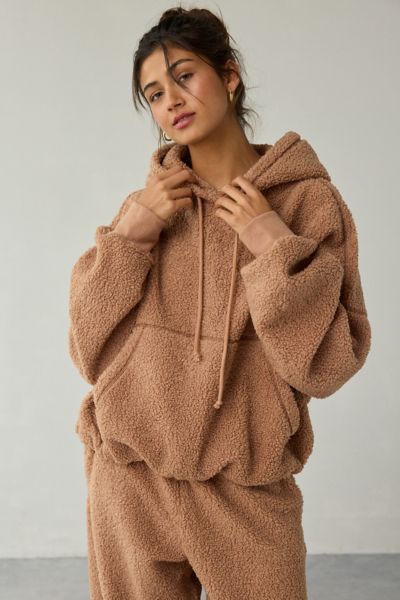 Out From Under Try Me Piled Fleece Bubble Hoodie Sweatshirt In Brown, Women's At Urban Outfitters