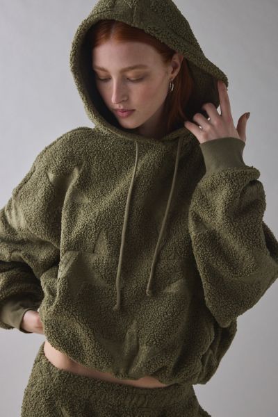 Out From Under Try Me Piled Fleece Bubble Hoodie Sweatshirt In Olive, Women's At Urban Outfitters In Green