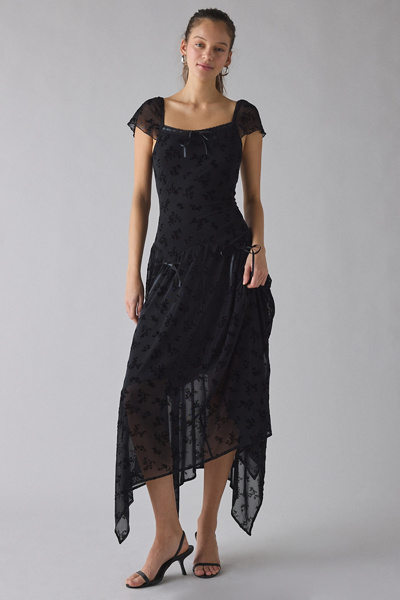 Daisy Street Luna Burnout Velvet Floral Asymmetric Maxi Dress In Black, Women's At Urban Outfitters