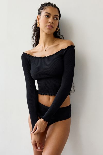Out From Under Lilly Lettuce Edge Seamless Knit Long Sleeve Boatneck Top In Black, Women's At Urban Outfitters In Black