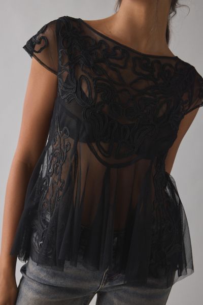 Kimchi Blue Eclipse Embroidered Sheer Mesh Short Sleeve Babydoll Top Product Page