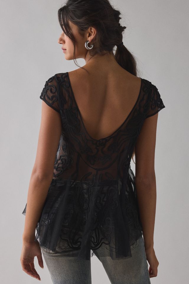 Kimchi Blue Eclipse Embroidered Sheer Mesh Short Sleeve Babydoll Top #2