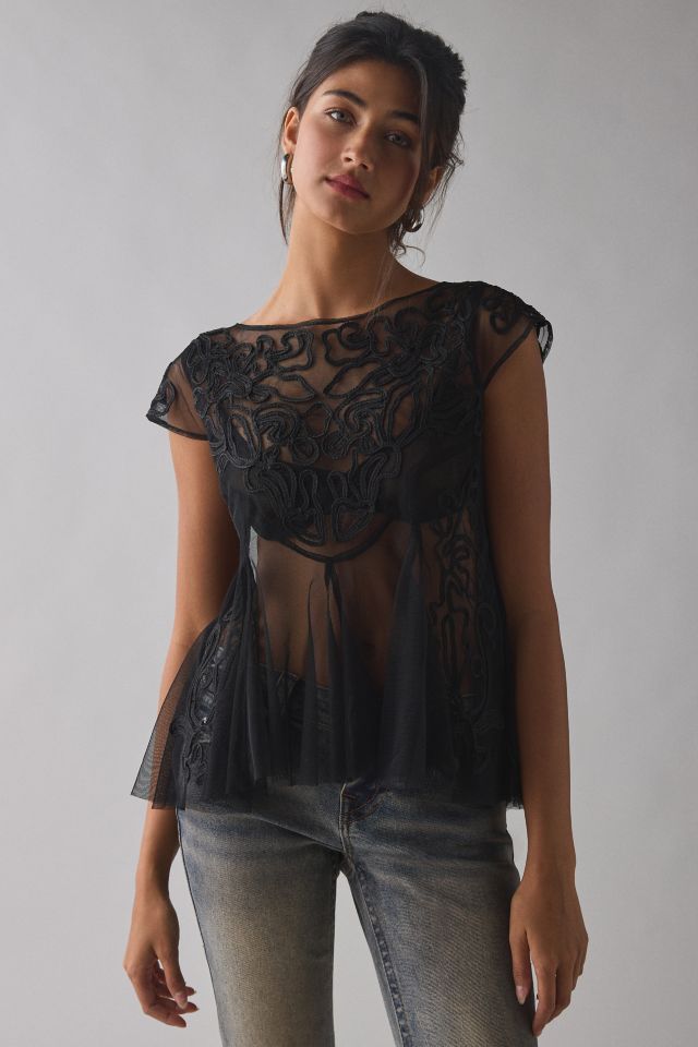 Kimchi Blue Eclipse Embroidered Sheer Mesh Short Sleeve Babydoll Top #3