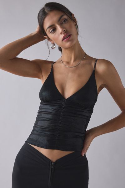 UO Helly Ruched Plunging Rhinestone Strap Tank Top