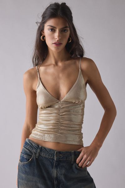 UO Helly Ruched Plunging Rhinestone Strap Tank Top
