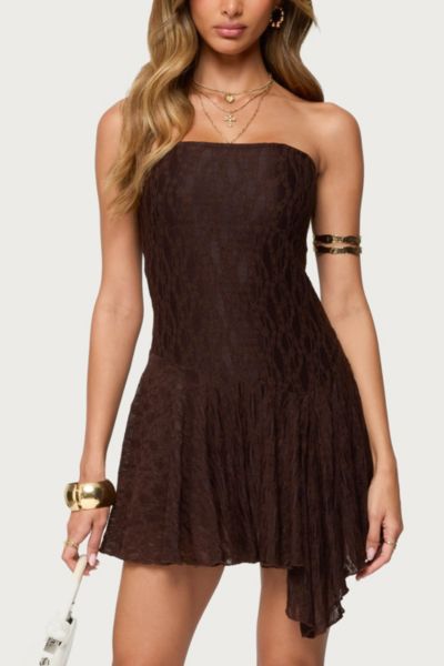 Edikted Elaia Asymmetric Strapless Lace Mini Dress In Brown, Women's At Urban Outfitters In Brown