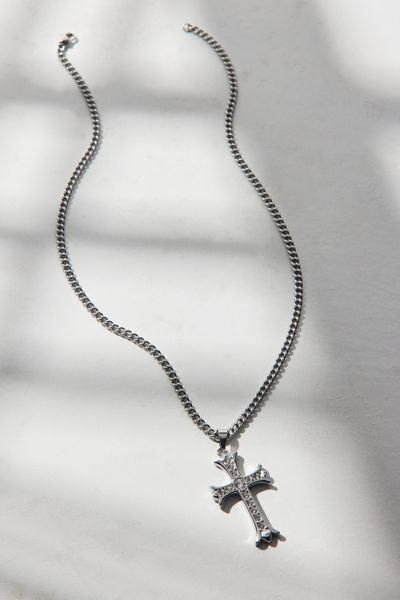 Urban Outfitters Pave Rhinestone Cross Pendant Waterproof Necklace In Silver, Men's At  In Metallic
