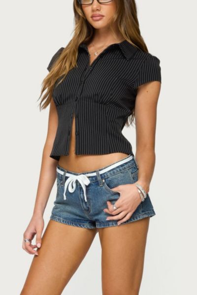 Edikted Olesia Tie Belt Denim Shorts In Blue/washed, Women's At Urban Outfitters