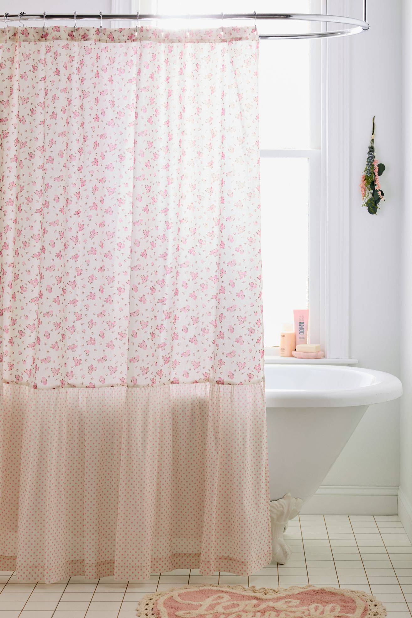 Maisie Floral Patterned Ruffled Shower Curtain - Pink, Regular, 72X72