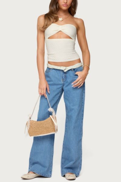Edikted Floral Foldover Low Rise Jeans