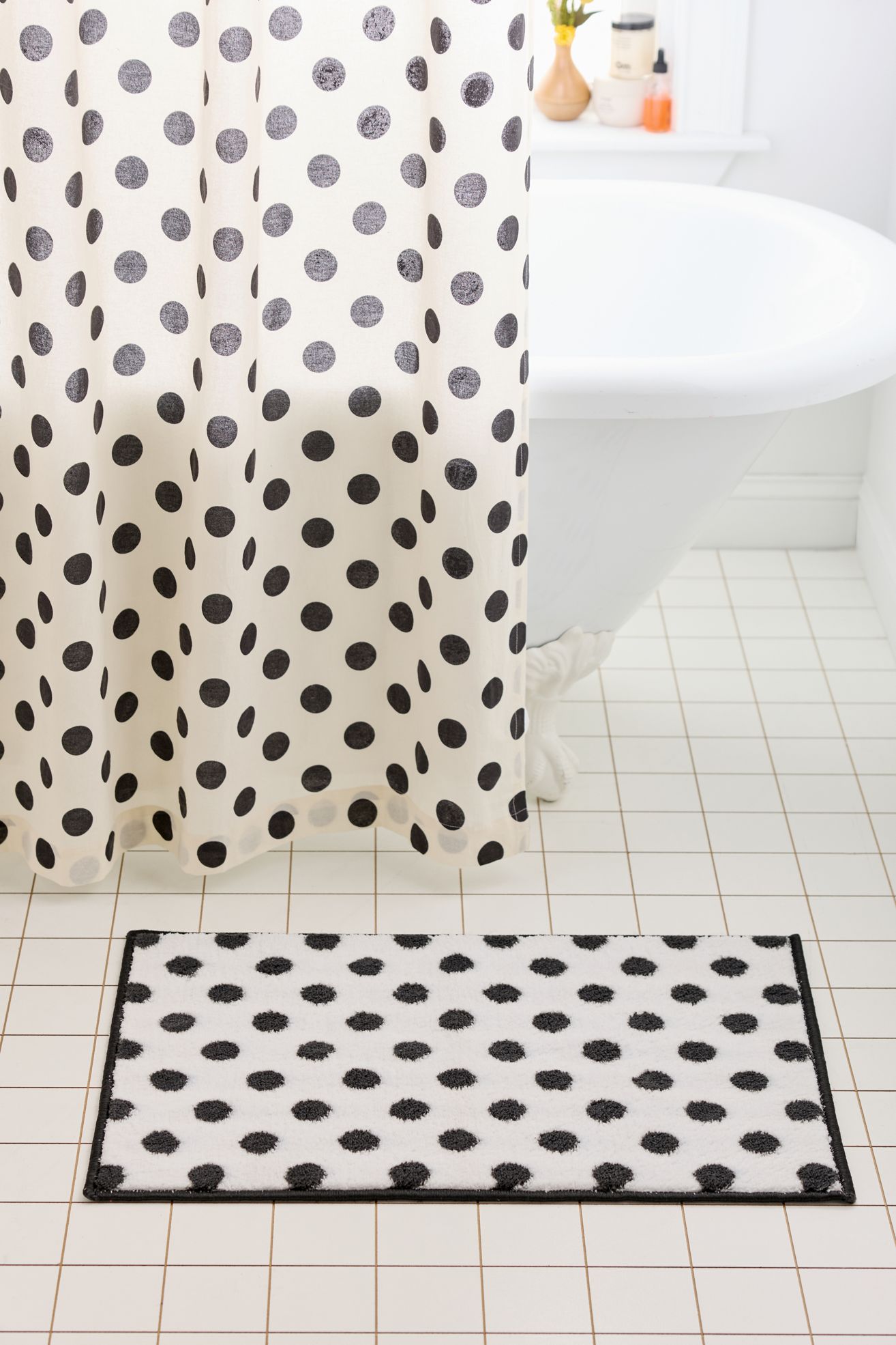 Polka Dot Plush Printed Bath Mat - Black + White, ONE SIZE