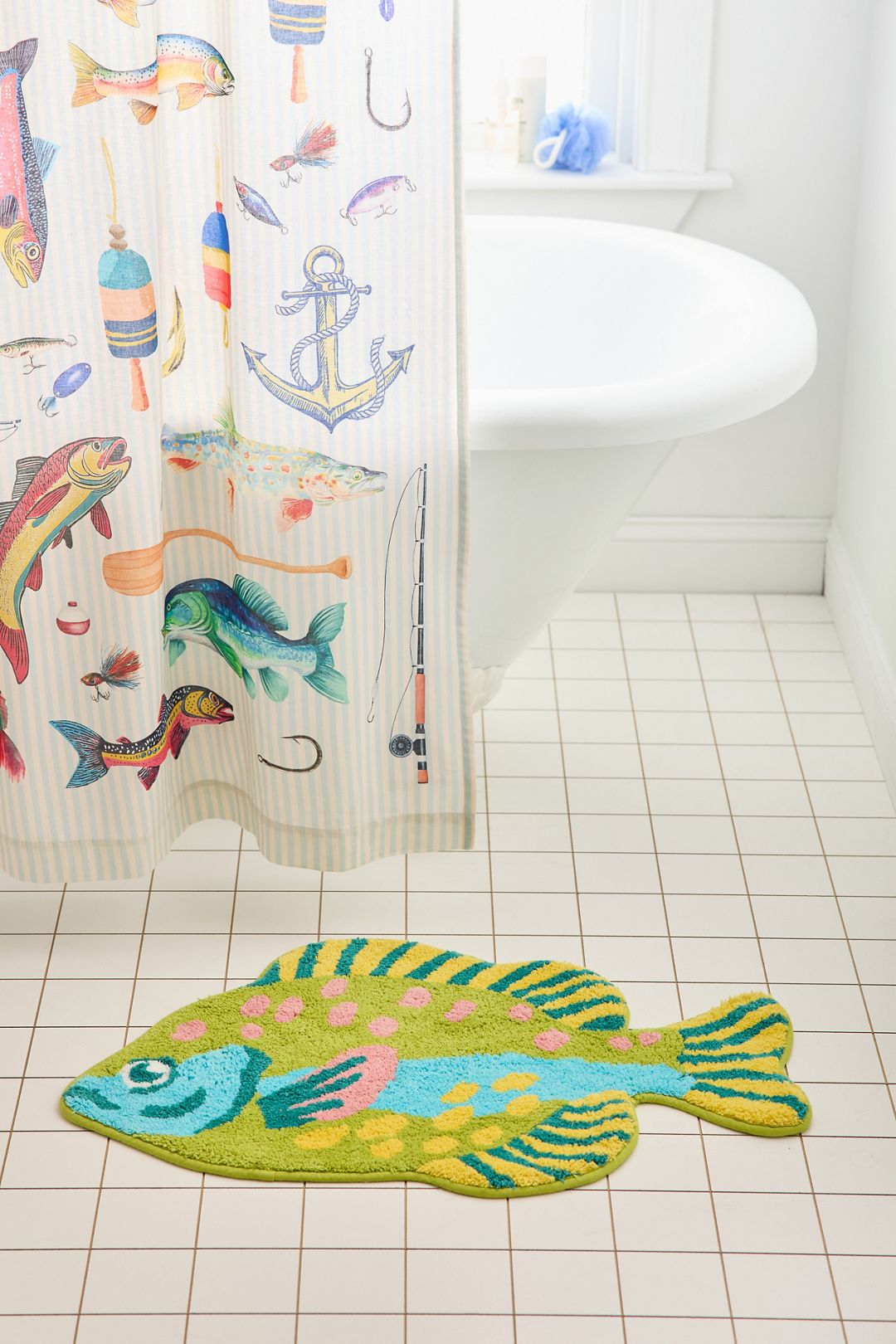 Gone Fishin’ Fish Shaped Tufted Bath Mat - Green Multi, Regular, ONE SIZE