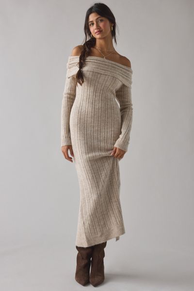 Bdg Teddie Foldover Off-the-shoulder Sweater Midi Dress In Beige, Women's At Urban Outfitters In Neutral