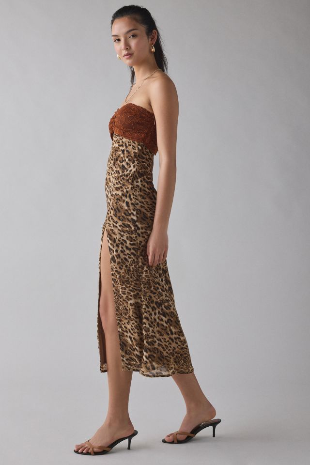 Kiss The Sky Delmar Leopard & Lace Strapless Slit Midi Dress #3