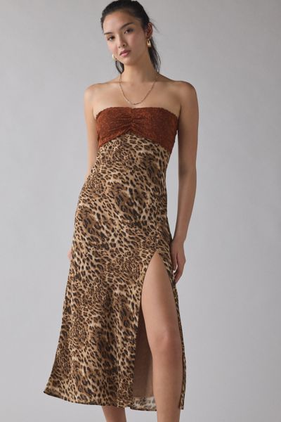 Kiss The Sky Delmar Leopard & Lace Strapless Slit Midi Dress