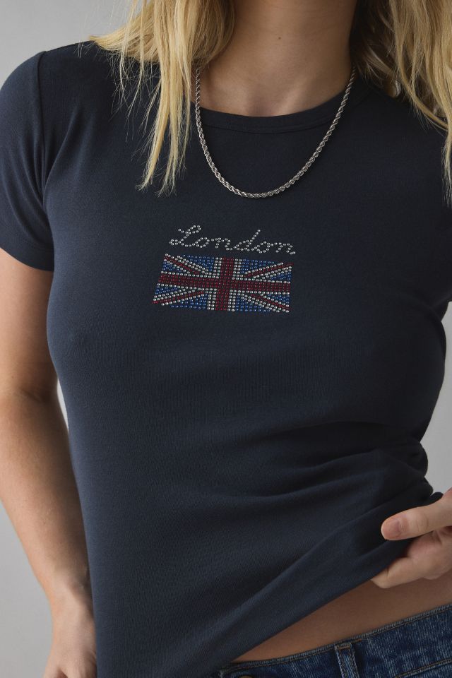 London Union Jack Flag Rhinestone Graphic Baby Tee #1