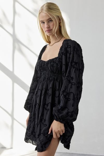 Kiss The Sky Bree Floral Jacquard Long Sleeve Babydoll Mini Dress In Black, Women's At Urban Outfitters In Black