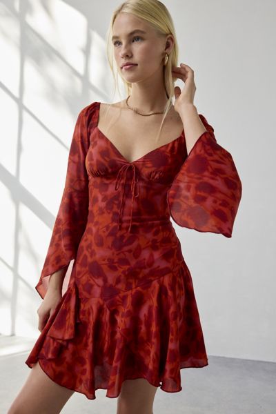 Kiss The Sky Juniper Fluted Sleeve Asymmetric Hanky Hem Mini Dress In Red, Women's At Urban Outfitters In Red