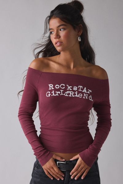 Rockstar Girlfriend Graphic Boatneck Off-The-Shoulder Long Sleeve Tee