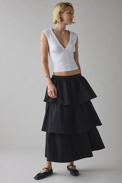 Glamorous Cotton Ruffle Tiered Maxi Skirt In Black, Women's At Urban Outfitters