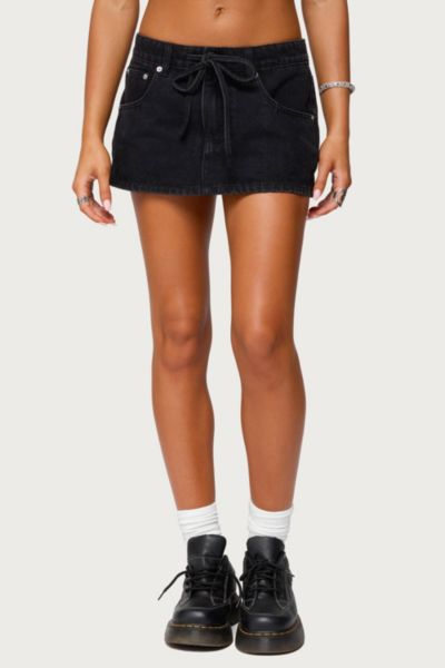 Edikted Ziggie Tie Front Denim Mini Skort In Black, Women's At Urban Outfitters In Black