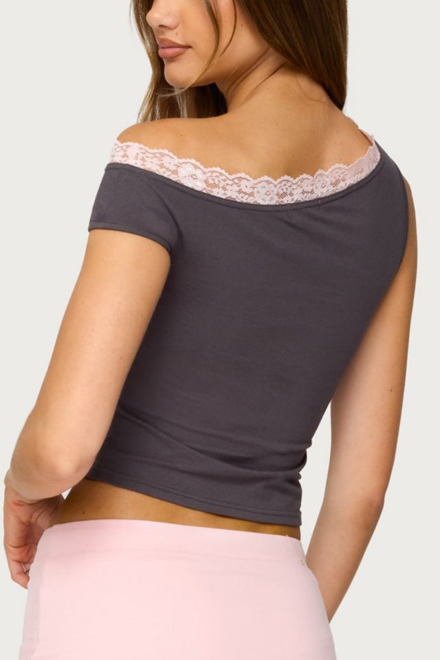 Edikted Contrast Lace Asymmetric Off Shoulder Top #4
