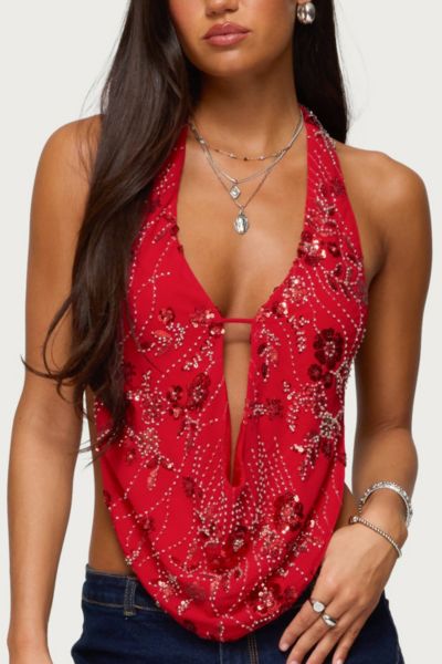 Edikted Beaded Chiffon Backless Cowl Neck Top