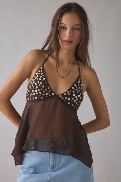 UO Isla Pearl Button Embellished Sheer Chiffon Halter Cami