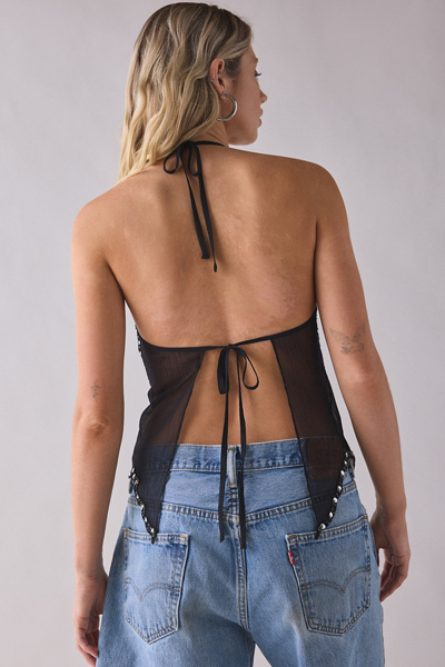 UO Eli Sheer Beaded Open Tie-Back Halter Top