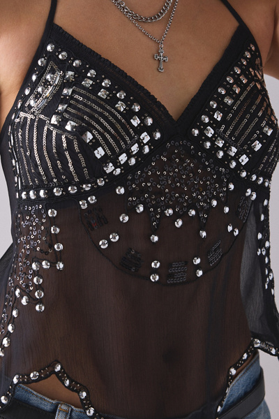 UO Eli Sheer Beaded Open Tie-Back Halter Top