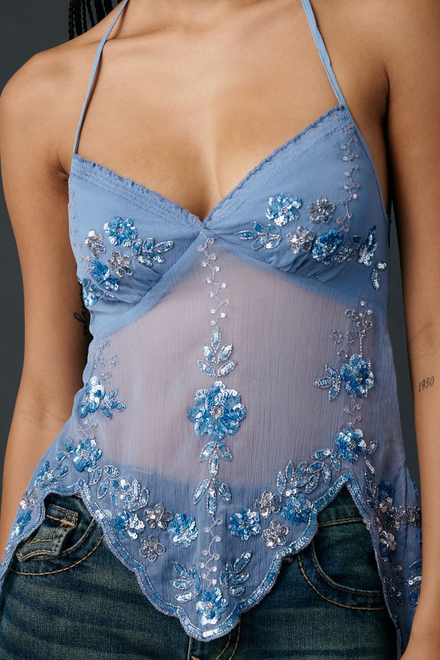 UO Eli Sheer Beaded Open Tie-Back Halter Top #1