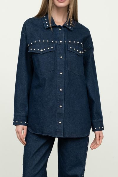 Moon River Snap Button Studded Denim Shirt Jacket Top In Dark Blue, Women's At Urban Outfitters In Blue