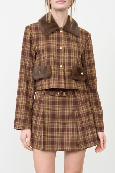 Moon River Faux Fur Trim Plaid Cropped Jacket